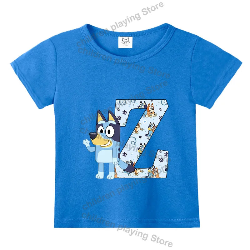 Blueyi Theme T-Shirt Blue Letter A-Z Printed Summer Kids Short Sleeve Top O-neck Cartoon Bingo Casual Tees Funny Gifts