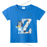 Blueyi Theme T-Shirt Blue Letter A-Z Printed Summer Kids Short Sleeve Top O-neck Cartoon Bingo Casual Tees Funny Gifts