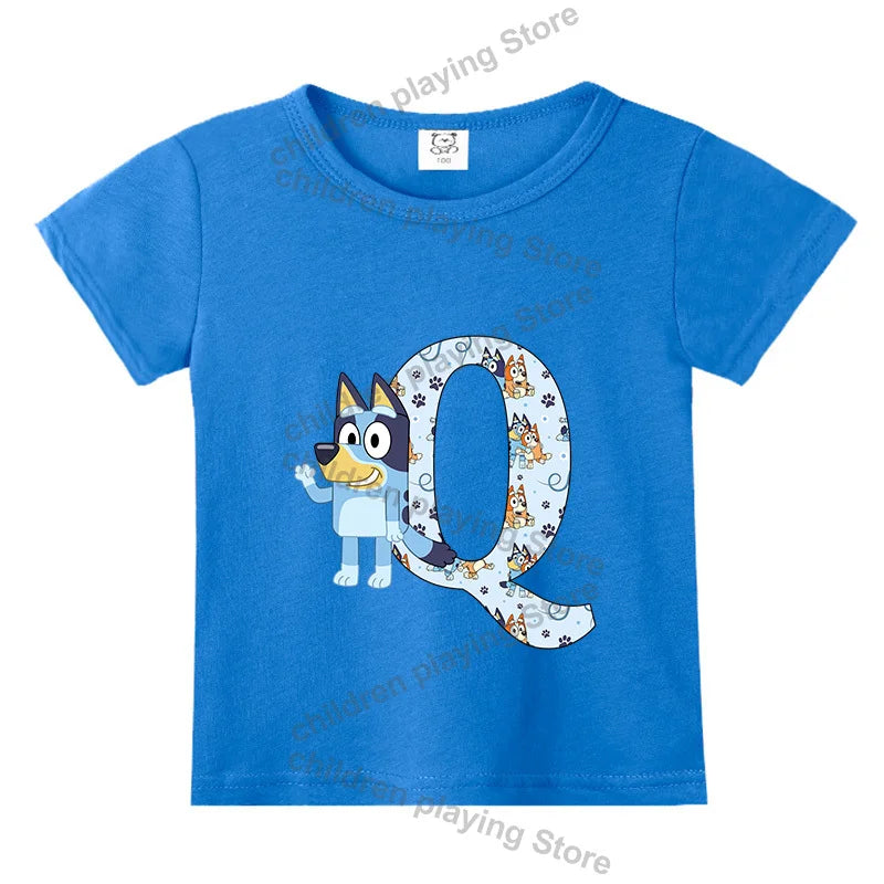 Blueyi Theme T-Shirt Blue Letter A-Z Printed Summer Kids Short Sleeve Top O-neck Cartoon Bingo Casual Tees Funny Gifts