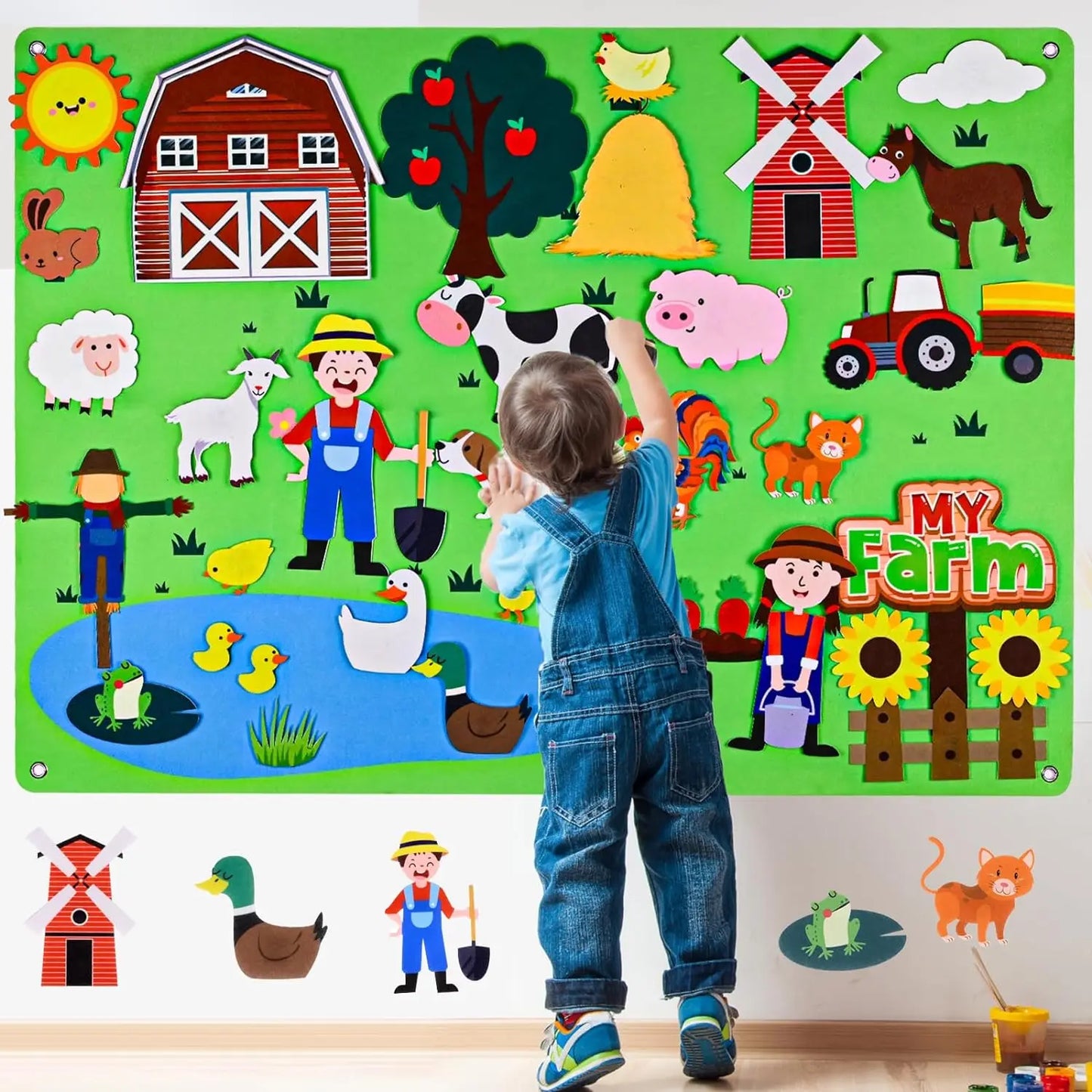 Farm Animals Felt Story Busy Board 4 IN 1 Themed Storytelling Farm Sea Zoo Vehicle Early Learning Interactive Wall Hanging Gifts