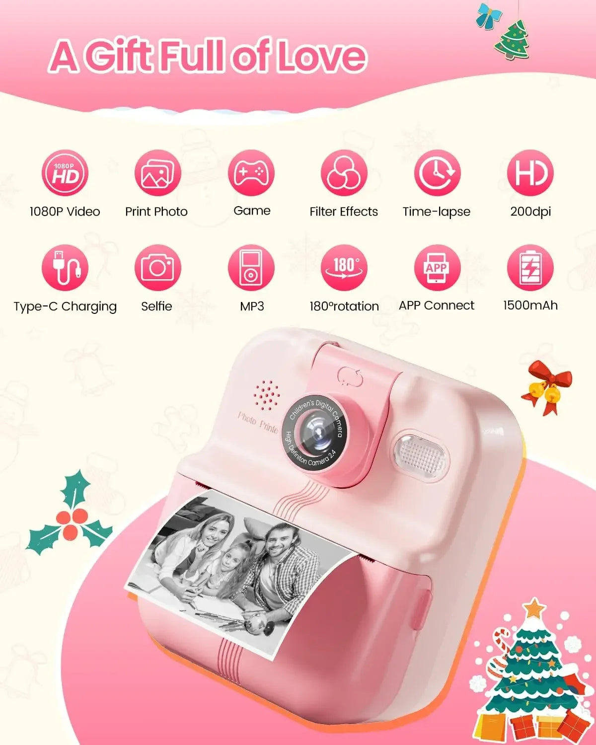 Kids Camera Instant Print Bluetooth Connection Photo 1080P HD Toddler Camera for Girls Boys 3-12 Age Birthday Christmas Gifts