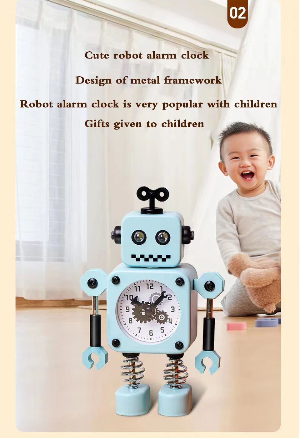 Robot Alarm Clock, Non-Ticking Wake-up Clock with Flashing Eye Lights and Rotating Arm, Gift for Kids, Funny Decoration for Desk