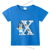 Blueyi Theme T-Shirt Blue Letter A-Z Printed Summer Kids Short Sleeve Top O-neck Cartoon Bingo Casual Tees Funny Gifts