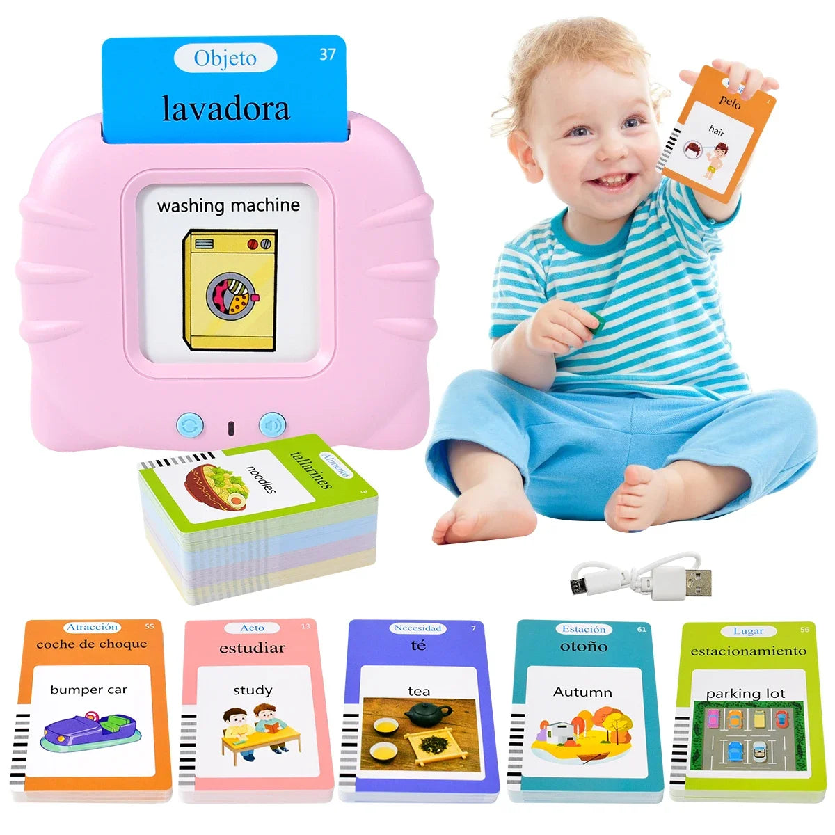 Kids Talking Flash Cards Audio Books Flashcards,Spanish Electronic Cognitive Cards Early Education Learn Words Study Toys Game