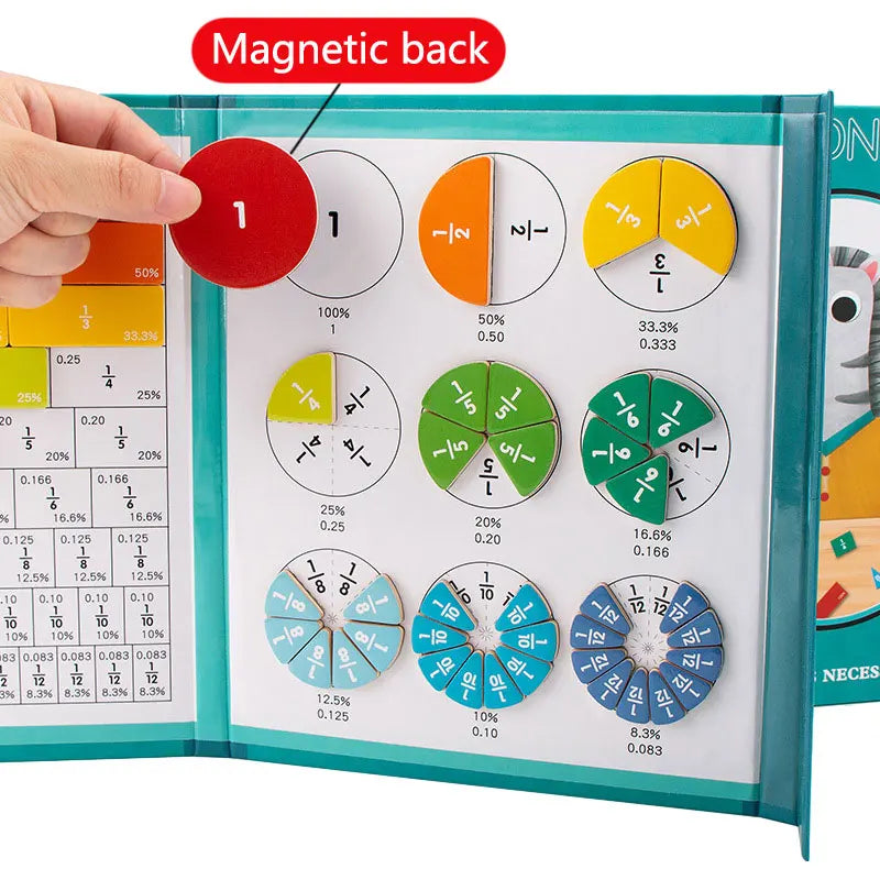 Children Magnetic Fraction Learning Math Toys Wooden Fraction Book Set
