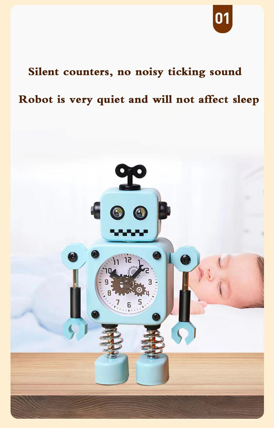 Robot Alarm Clock, Non-Ticking Wake-up Clock with Flashing Eye Lights and Rotating Arm, Gift for Kids, Funny Decoration for Desk