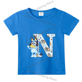 Blueyi Theme T-Shirt Blue Letter A-Z Printed Summer Kids Short Sleeve Top O-neck Cartoon Bingo Casual Tees Funny Gifts