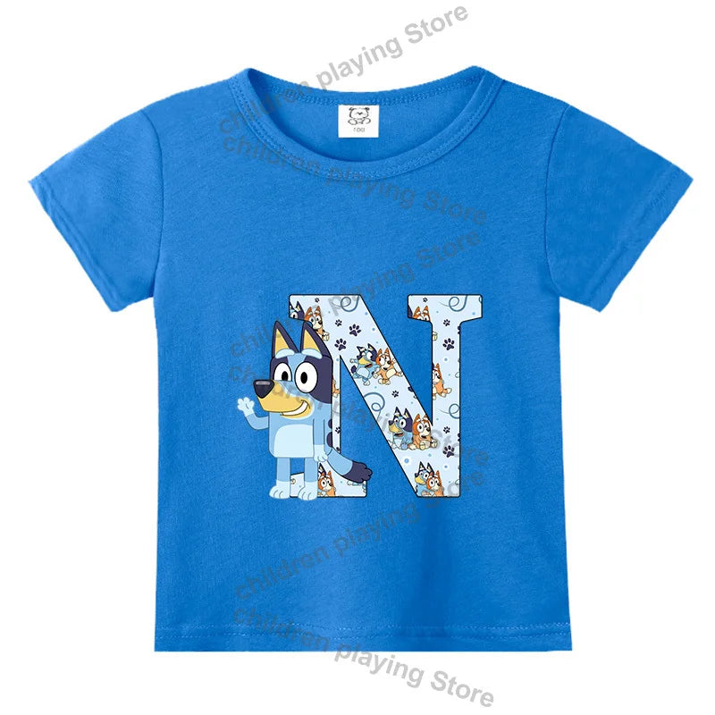 Blueyi Theme T-Shirt Blue Letter A-Z Printed Summer Kids Short Sleeve Top O-neck Cartoon Bingo Casual Tees Funny Gifts