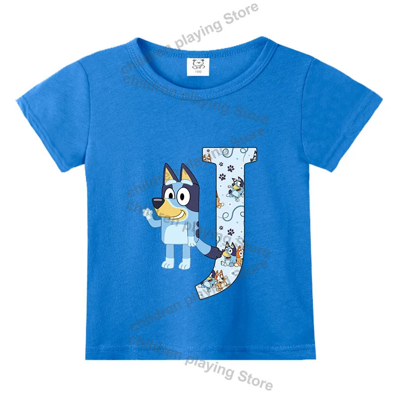 Blueyi Theme T-Shirt Blue Letter A-Z Printed Summer Kids Short Sleeve Top O-neck Cartoon Bingo Casual Tees Funny Gifts