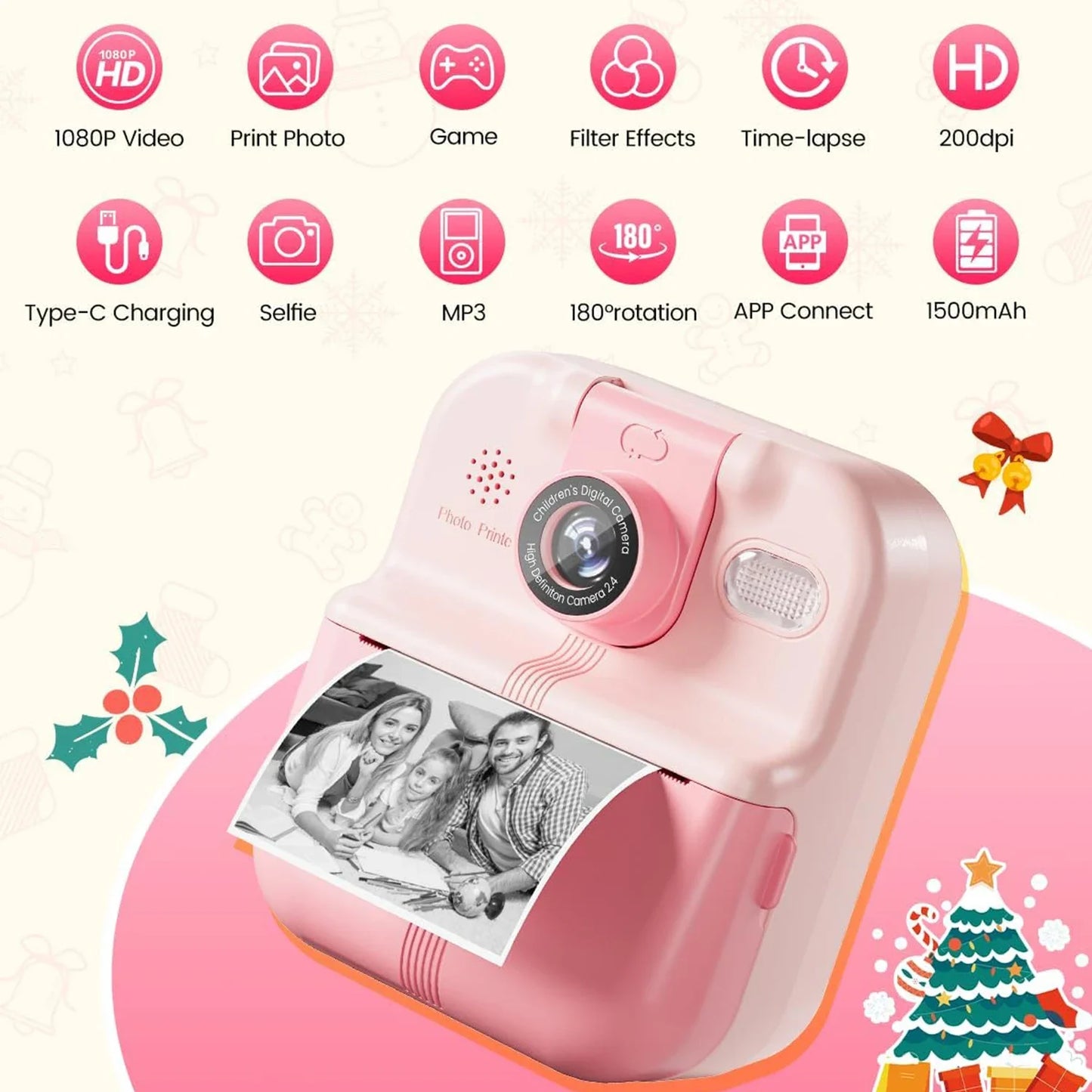 Kids Camera Instant Print Bluetooth Connection Photo 1080P HD Toddler Camera for Girls Boys 3-12 Age Birthday Christmas Gifts