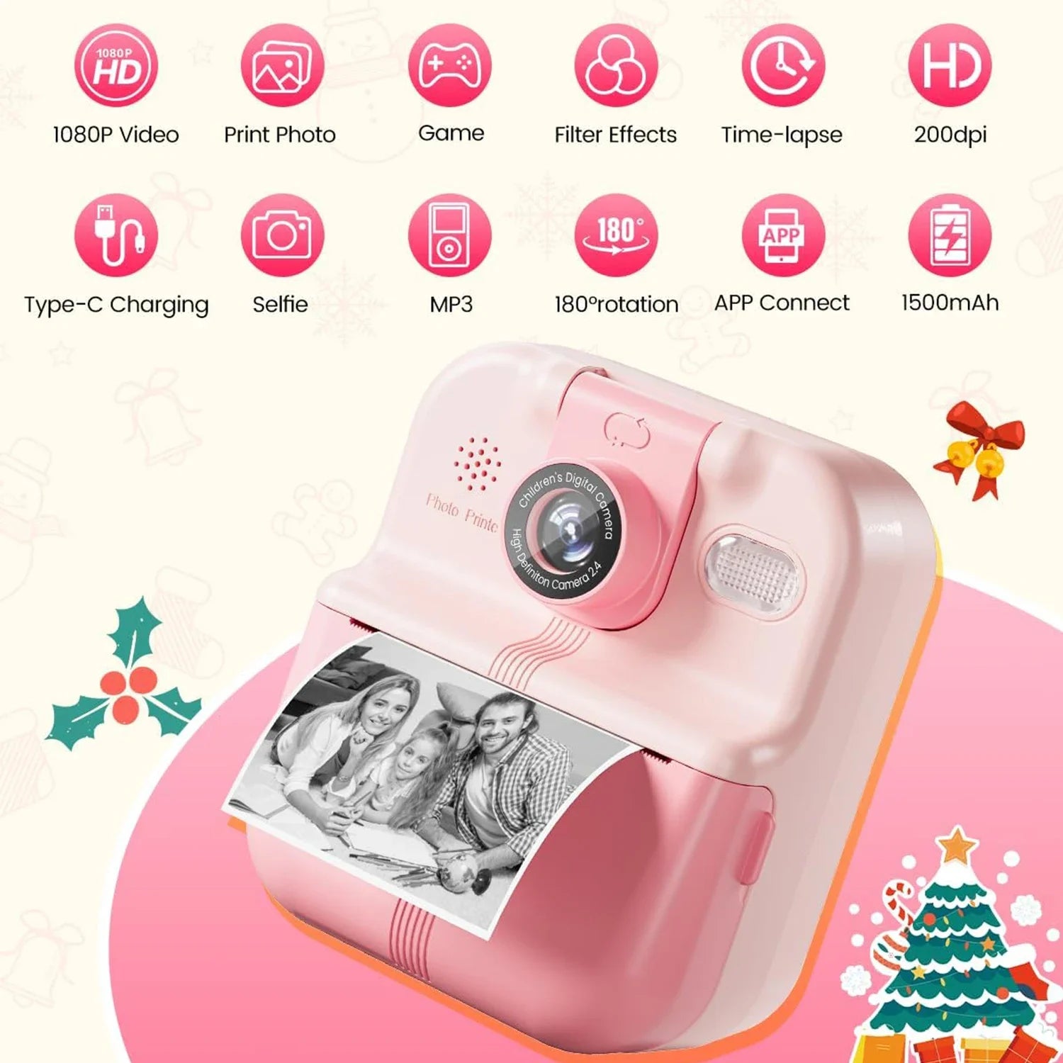 Kids Camera Instant Print Bluetooth Connection Photo 1080P HD Toddler Camera for Girls Boys 3-12 Age Birthday Christmas Gifts
