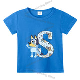 Blueyi Theme T-Shirt Blue Letter A-Z Printed Summer Kids Short Sleeve Top O-neck Cartoon Bingo Casual Tees Funny Gifts