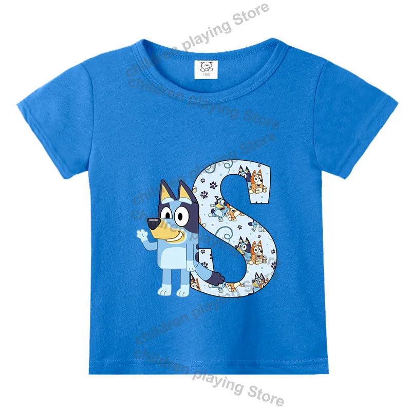 Blueyi Theme T-Shirt Blue Letter A-Z Printed Summer Kids Short Sleeve Top O-neck Cartoon Bingo Casual Tees Funny Gifts