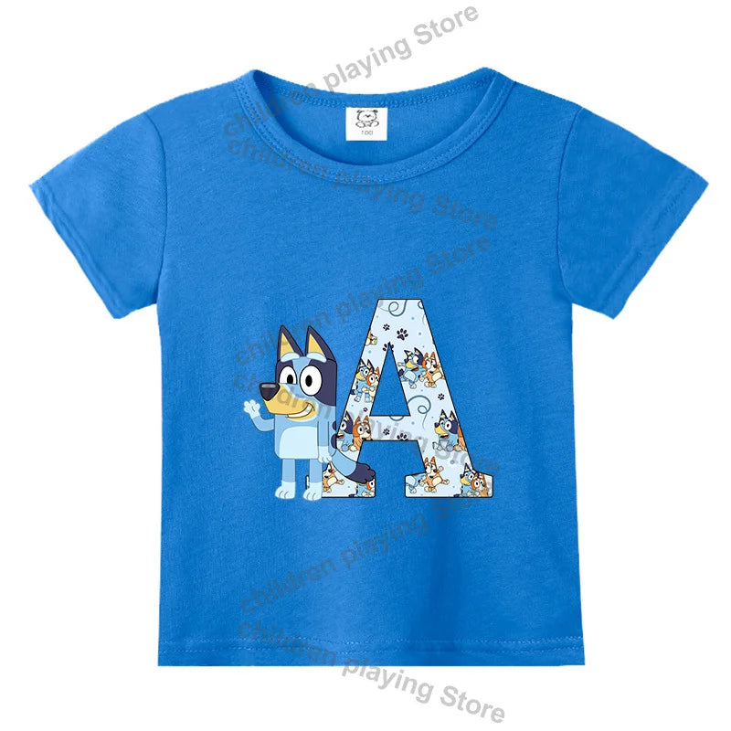 Blueyi Theme T-Shirt Blue Letter A-Z Printed Summer Kids Short Sleeve Top O-neck Cartoon Bingo Casual Tees Funny Gifts