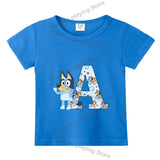 Blueyi Theme T-Shirt Blue Letter A-Z Printed Summer Kids Short Sleeve Top O-neck Cartoon Bingo Casual Tees Funny Gifts