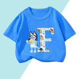 Blueyi Theme T-Shirt Blue Letter A-Z Printed Summer Kids Short Sleeve Top O-neck Cartoon Bingo Casual Tees Funny Gifts