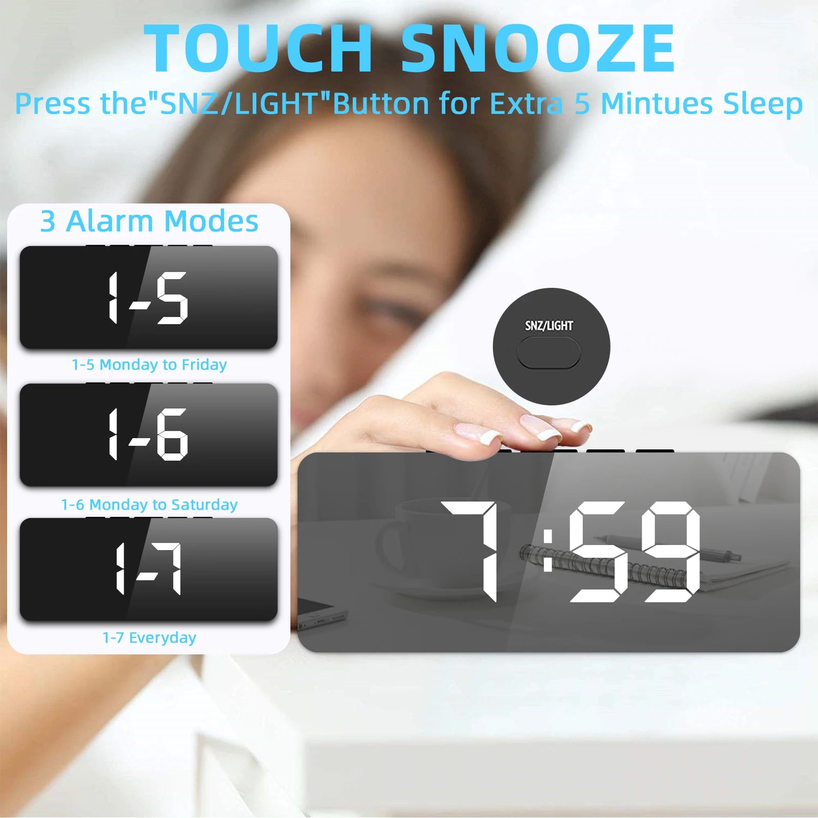 Smart Alarm Clock Bedside Table Led Alarm Clock Digital Children's Electronic Alarm Clock Curved Screen Mirror Temperature