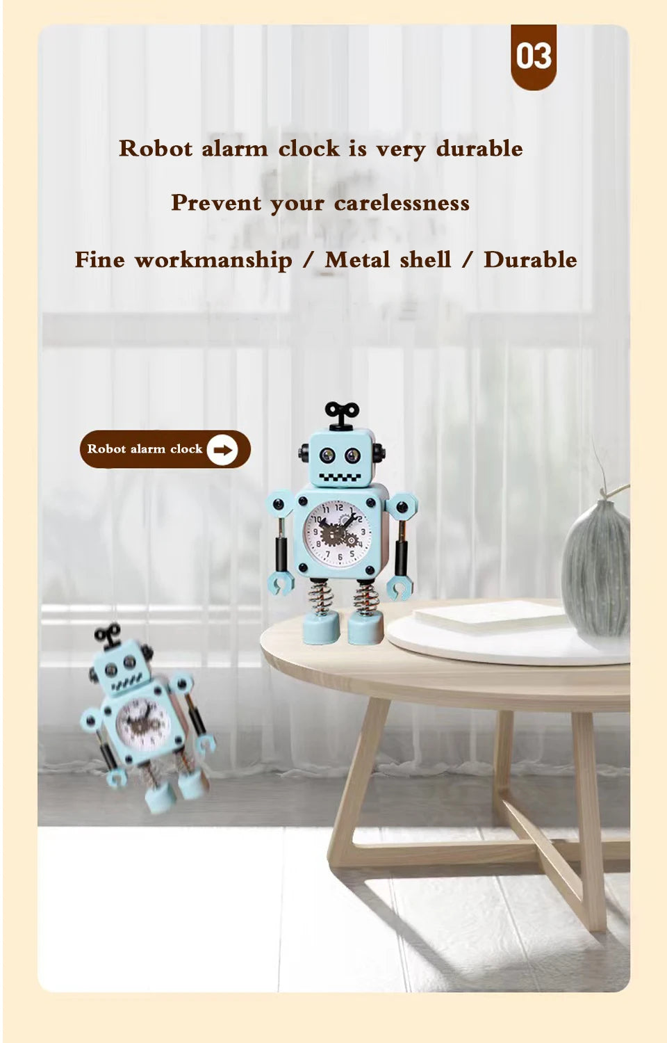 Robot Alarm Clock, Non-Ticking Wake-up Clock with Flashing Eye Lights and Rotating Arm, Gift for Kids, Funny Decoration for Desk