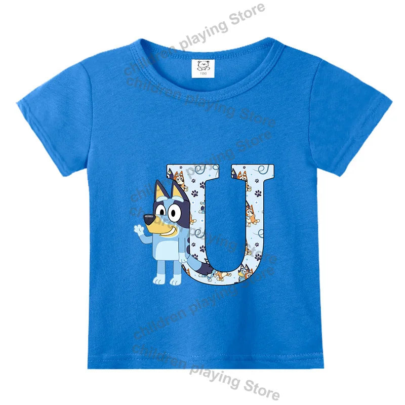 Blueyi Theme T-Shirt Blue Letter A-Z Printed Summer Kids Short Sleeve Top O-neck Cartoon Bingo Casual Tees Funny Gifts