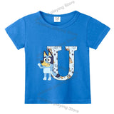 Blueyi Theme T-Shirt Blue Letter A-Z Printed Summer Kids Short Sleeve Top O-neck Cartoon Bingo Casual Tees Funny Gifts