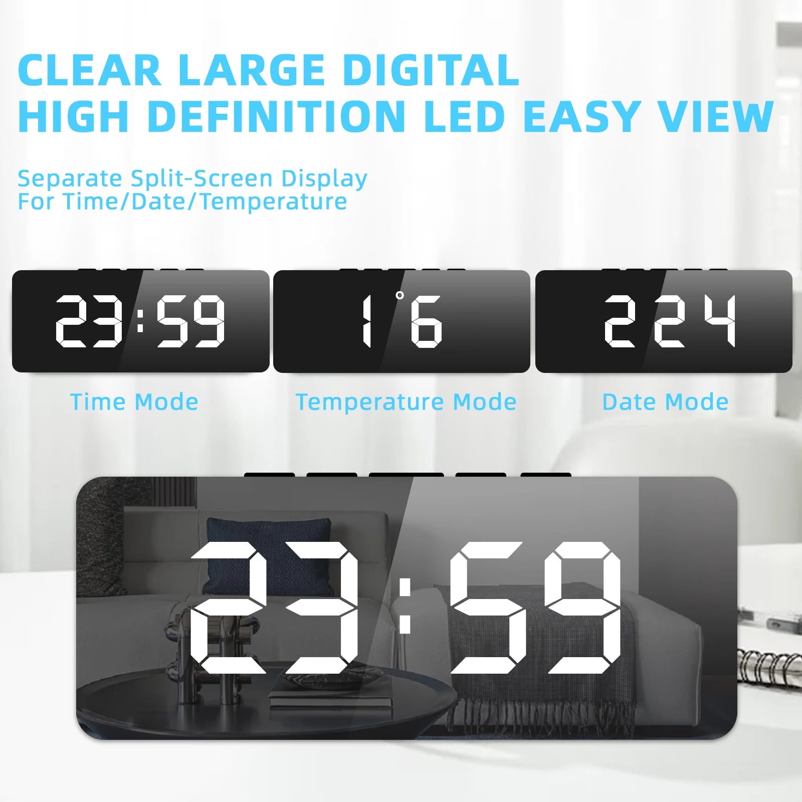 Smart Alarm Clock Bedside Table Led Alarm Clock Digital Children's Electronic Alarm Clock Curved Screen Mirror Temperature