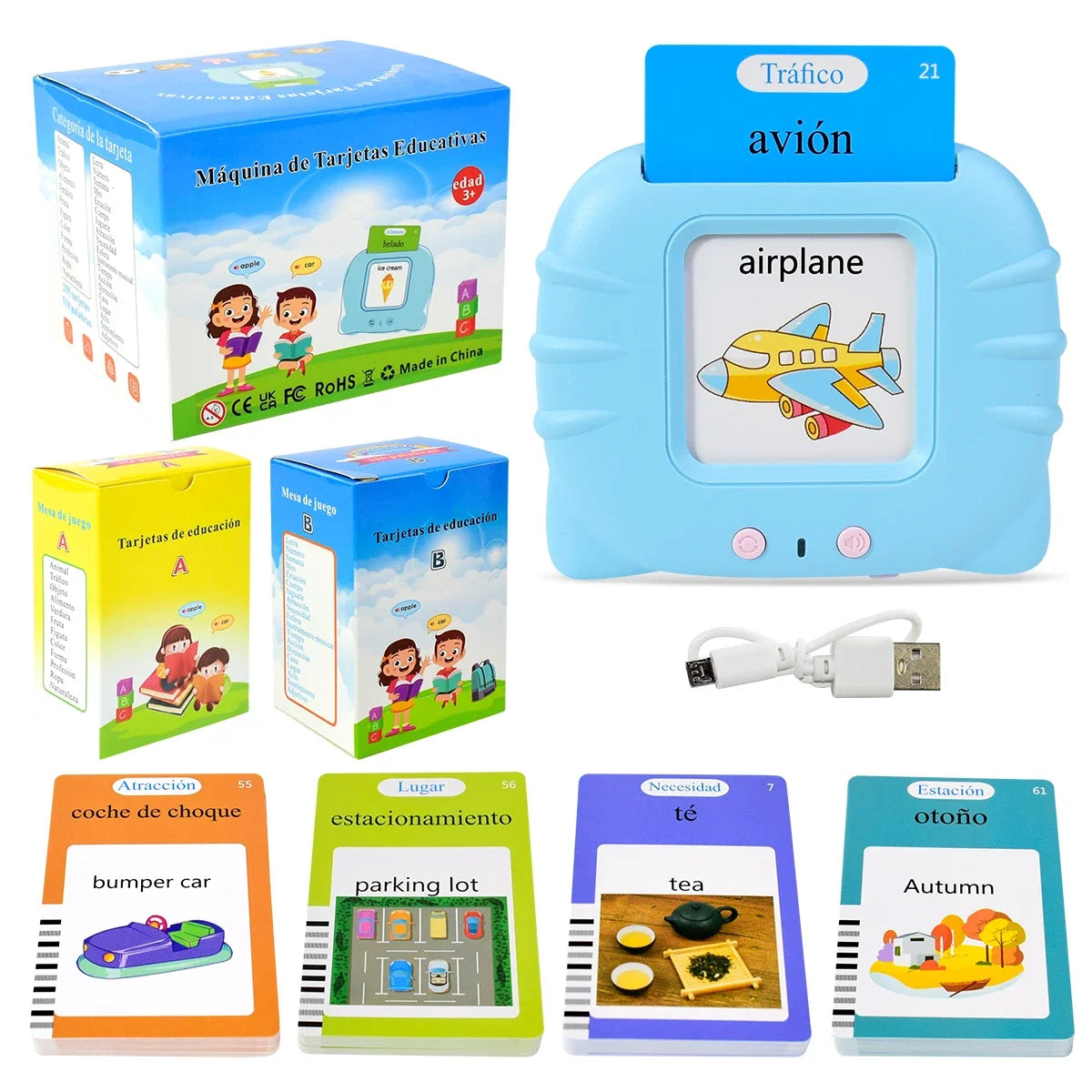 Kids Talking Flash Cards Audio Books Flashcards,Spanish Electronic Cognitive Cards Early Education Learn Words Study Toys Game