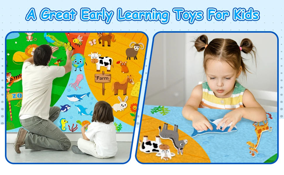 Farm Animals Felt Story Busy Board 4 IN 1 Themed Storytelling Farm Sea Zoo Vehicle Early Learning Interactive Wall Hanging Gifts