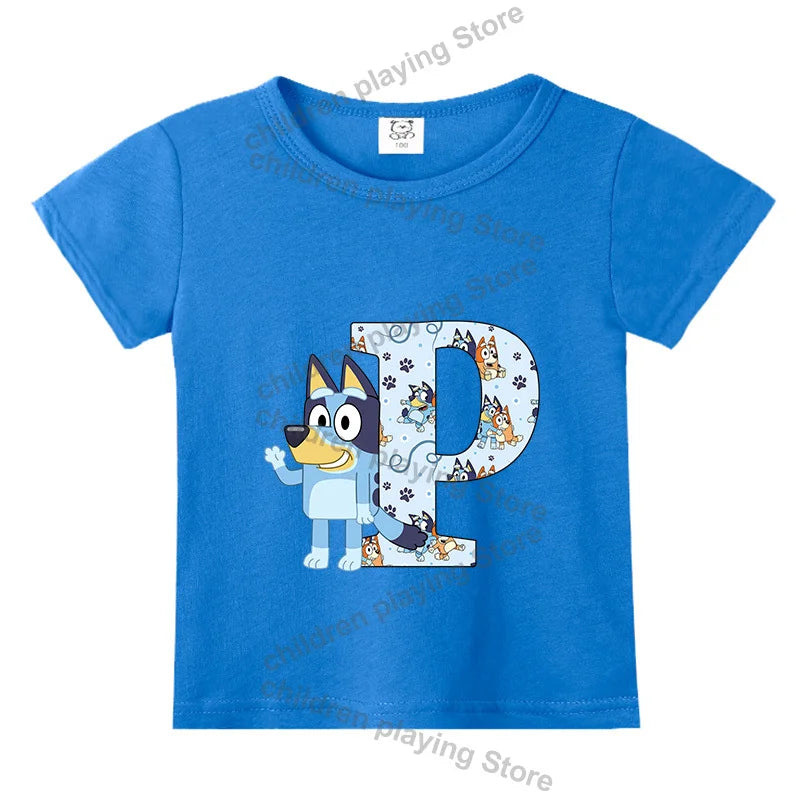 Blueyi Theme T-Shirt Blue Letter A-Z Printed Summer Kids Short Sleeve Top O-neck Cartoon Bingo Casual Tees Funny Gifts