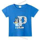 Blueyi Theme T-Shirt Blue Letter A-Z Printed Summer Kids Short Sleeve Top O-neck Cartoon Bingo Casual Tees Funny Gifts