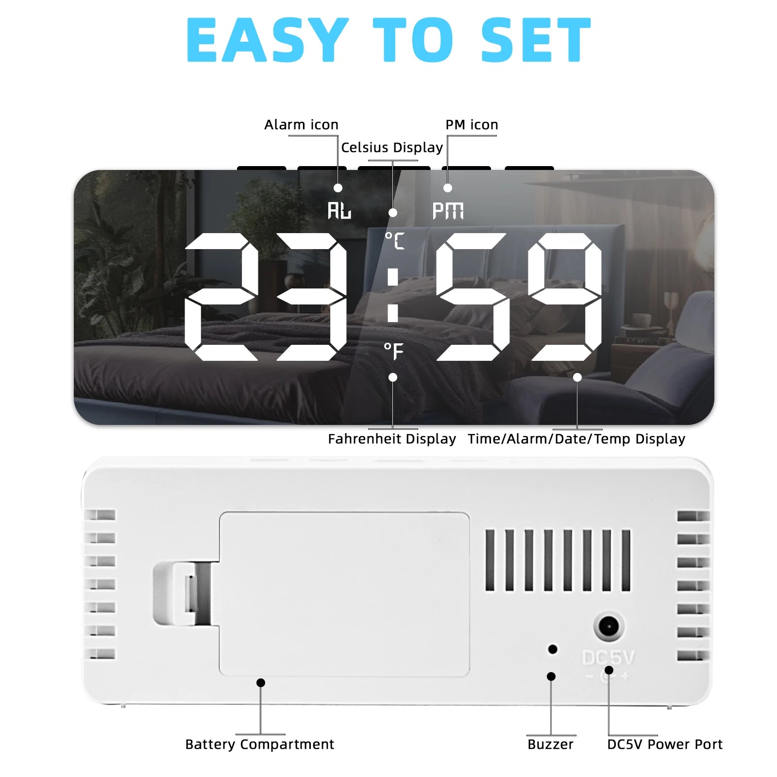 Smart Alarm Clock Bedside Table Led Alarm Clock Digital Children's Electronic Alarm Clock Curved Screen Mirror Temperature