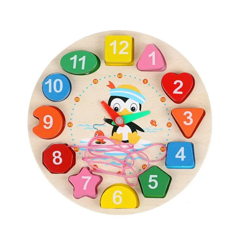 Montessori Children Clock Puzzle Cartoon Animals Tangram Cognitive Numbers Clock Early Learning Threading Assembly Toys