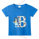 Blueyi Theme T-Shirt Blue Letter A-Z Printed Summer Kids Short Sleeve Top O-neck Cartoon Bingo Casual Tees Funny Gifts