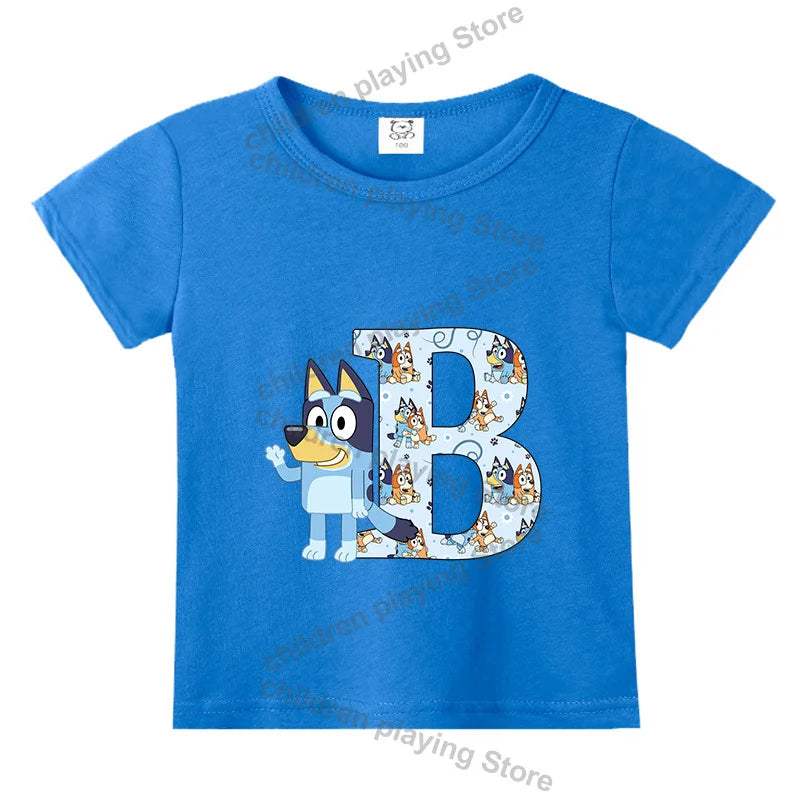 Blueyi Theme T-Shirt Blue Letter A-Z Printed Summer Kids Short Sleeve Top O-neck Cartoon Bingo Casual Tees Funny Gifts