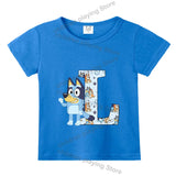 Blueyi Theme T-Shirt Blue Letter A-Z Printed Summer Kids Short Sleeve Top O-neck Cartoon Bingo Casual Tees Funny Gifts