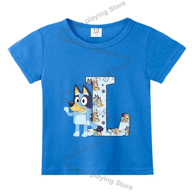 Blueyi Theme T-Shirt Blue Letter A-Z Printed Summer Kids Short Sleeve Top O-neck Cartoon Bingo Casual Tees Funny Gifts