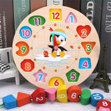 Montessori Children Clock Puzzle Cartoon Animals Tangram Cognitive Numbers Clock Early Learning Threading Assembly Toys