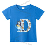 Blueyi Theme T-Shirt Blue Letter A-Z Printed Summer Kids Short Sleeve Top O-neck Cartoon Bingo Casual Tees Funny Gifts