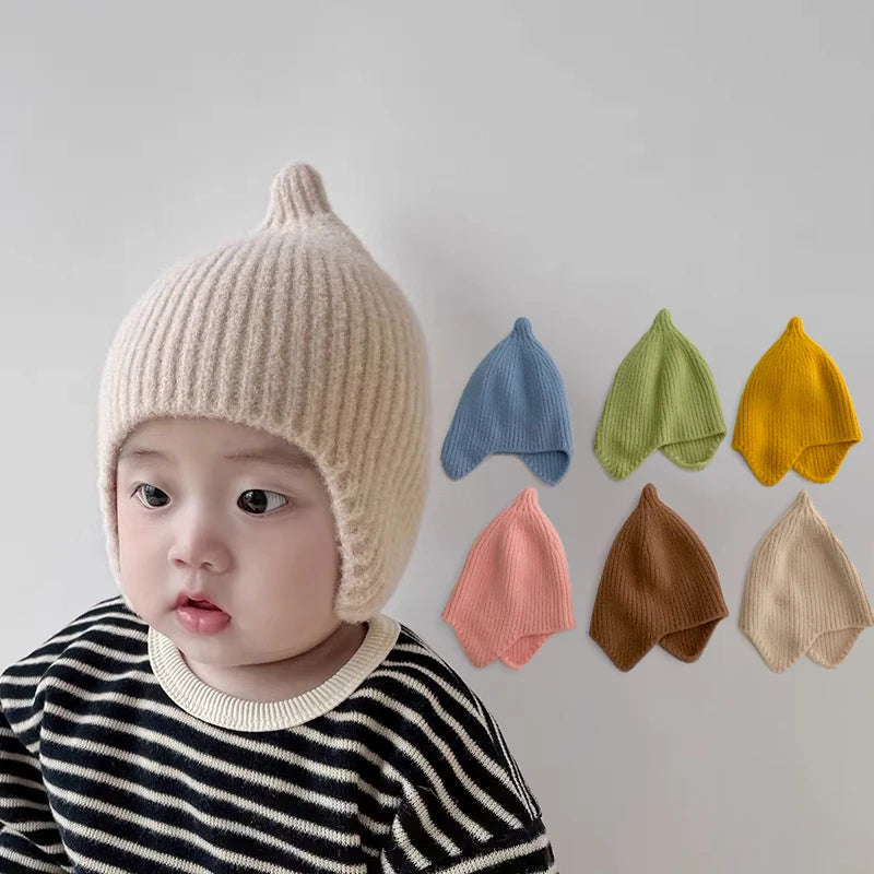 Korean Baby Ear Protection Hat Warm Warm Toddler Kintted Hats 1-3Years Girl Boy Earmuffs Cap Solid Woolen Kids Crochet Bonnet 모자