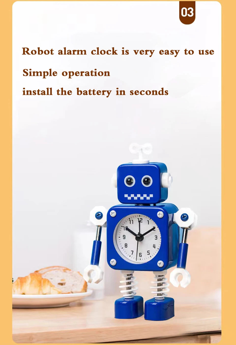 Robot Alarm Clock, Non-Ticking Wake-up Clock with Flashing Eye Lights and Rotating Arm, Gift for Kids, Funny Decoration for Desk