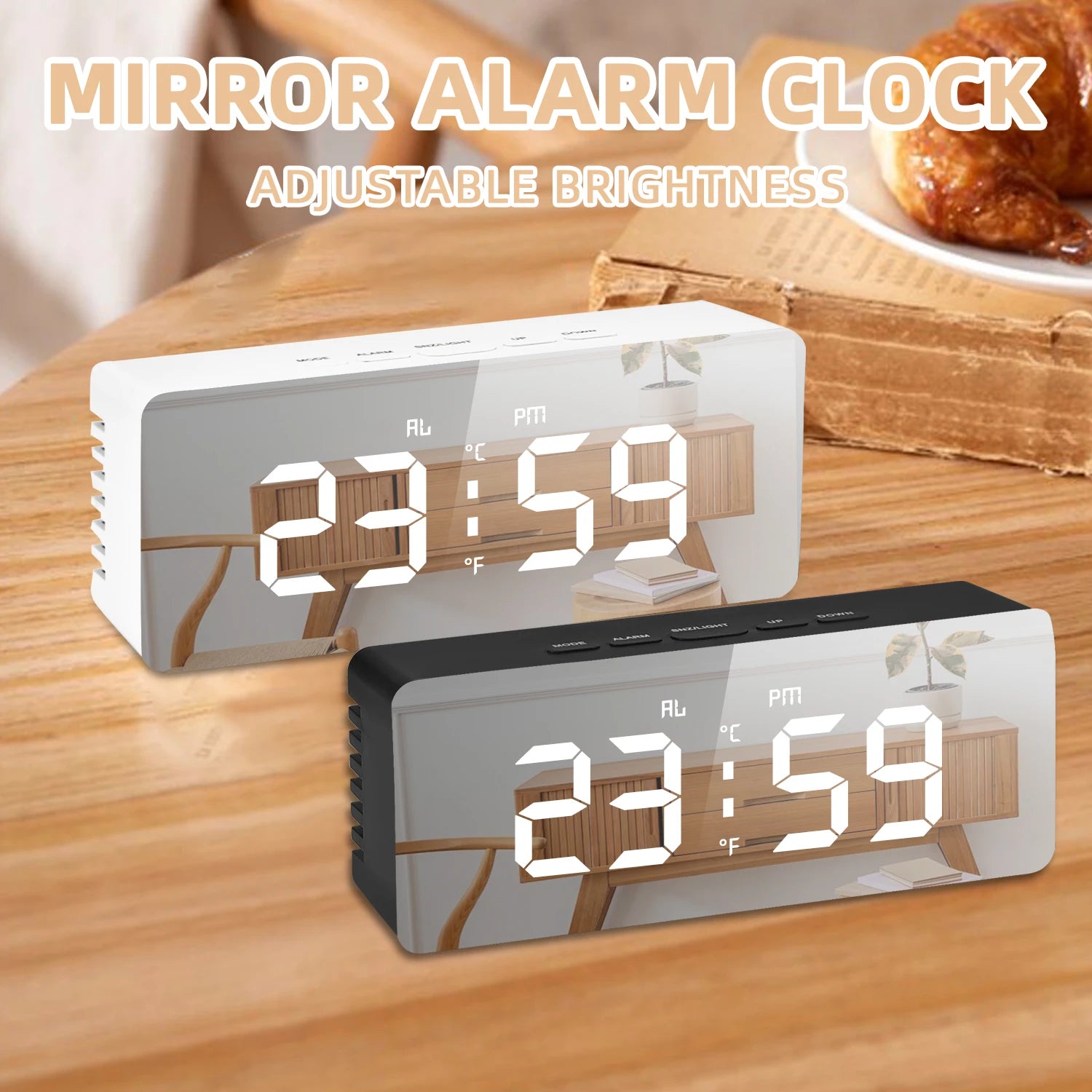 Smart Alarm Clock Bedside Table Led Alarm Clock Digital Children's Electronic Alarm Clock Curved Screen Mirror Temperature