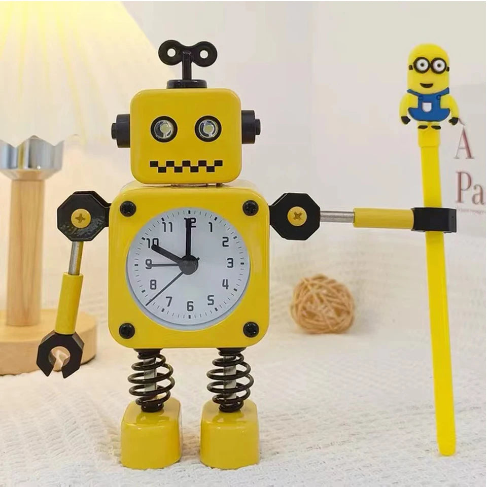 Robot Alarm Clock, Non-Ticking Wake-up Clock with Flashing Eye Lights and Rotating Arm, Gift for Kids, Funny Decoration for Desk