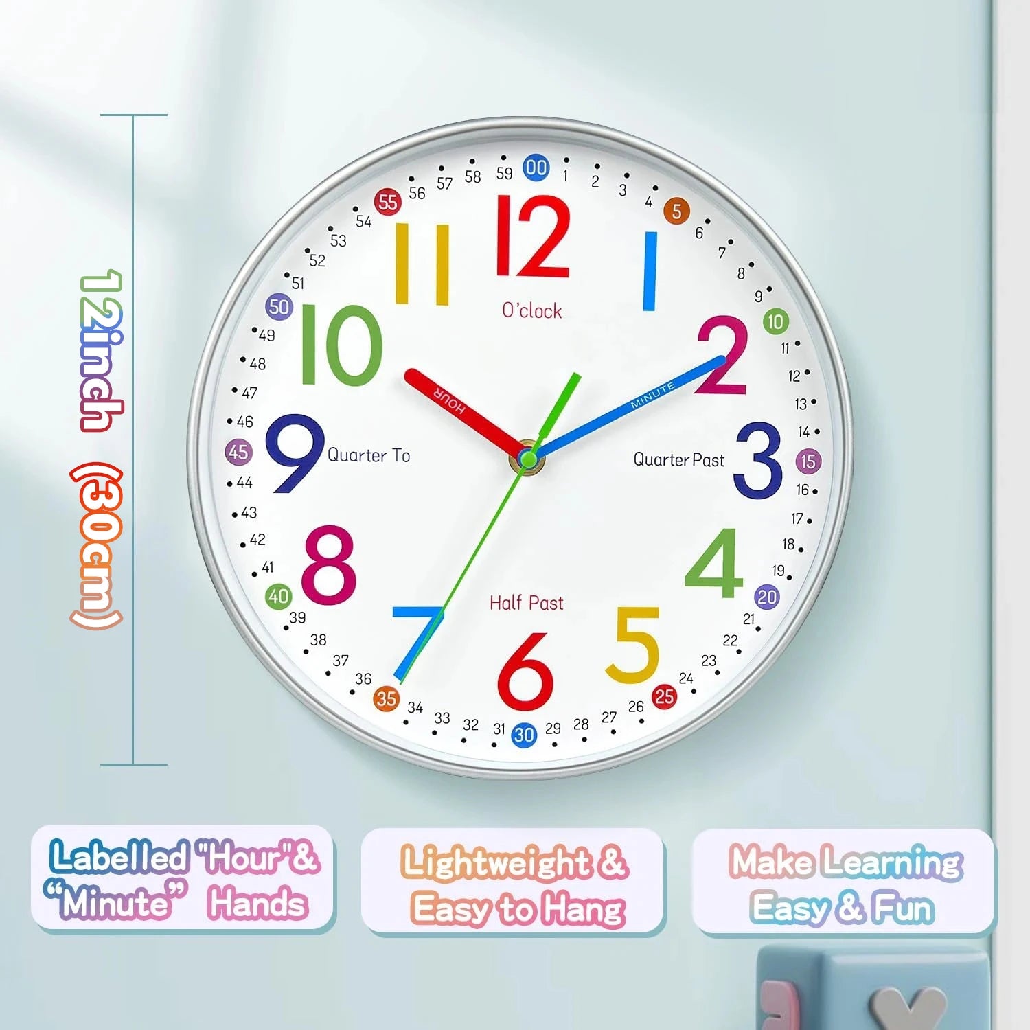 12 Inch Early Education Wall Clock Cartoon Children's Time Management Quartz Clock Home Wall Hanging Silent Clock 30CM