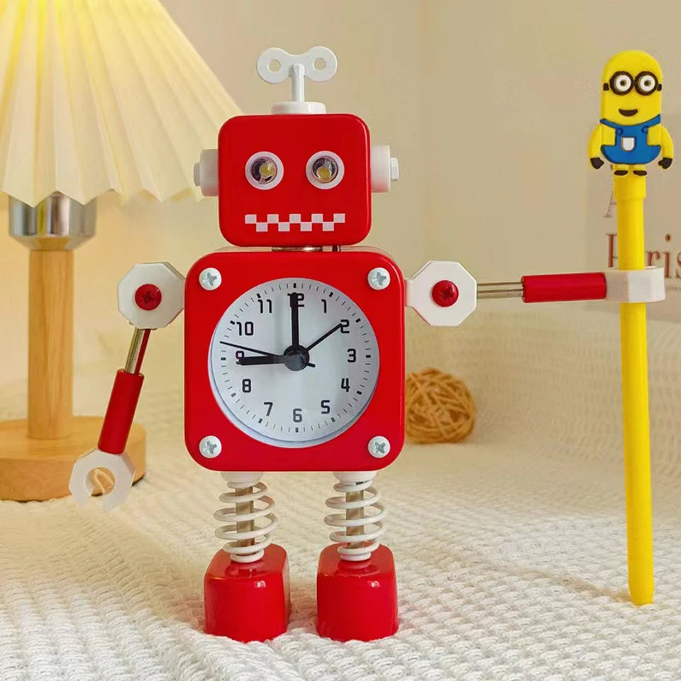 Robot Alarm Clock, Non-Ticking Wake-up Clock with Flashing Eye Lights and Rotating Arm, Gift for Kids, Funny Decoration for Desk
