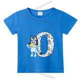 Blueyi Theme T-Shirt Blue Letter A-Z Printed Summer Kids Short Sleeve Top O-neck Cartoon Bingo Casual Tees Funny Gifts