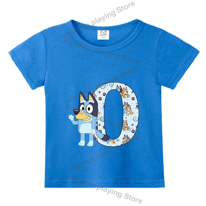 Blueyi Theme T-Shirt Blue Letter A-Z Printed Summer Kids Short Sleeve Top O-neck Cartoon Bingo Casual Tees Funny Gifts