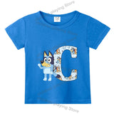Blueyi Theme T-Shirt Blue Letter A-Z Printed Summer Kids Short Sleeve Top O-neck Cartoon Bingo Casual Tees Funny Gifts