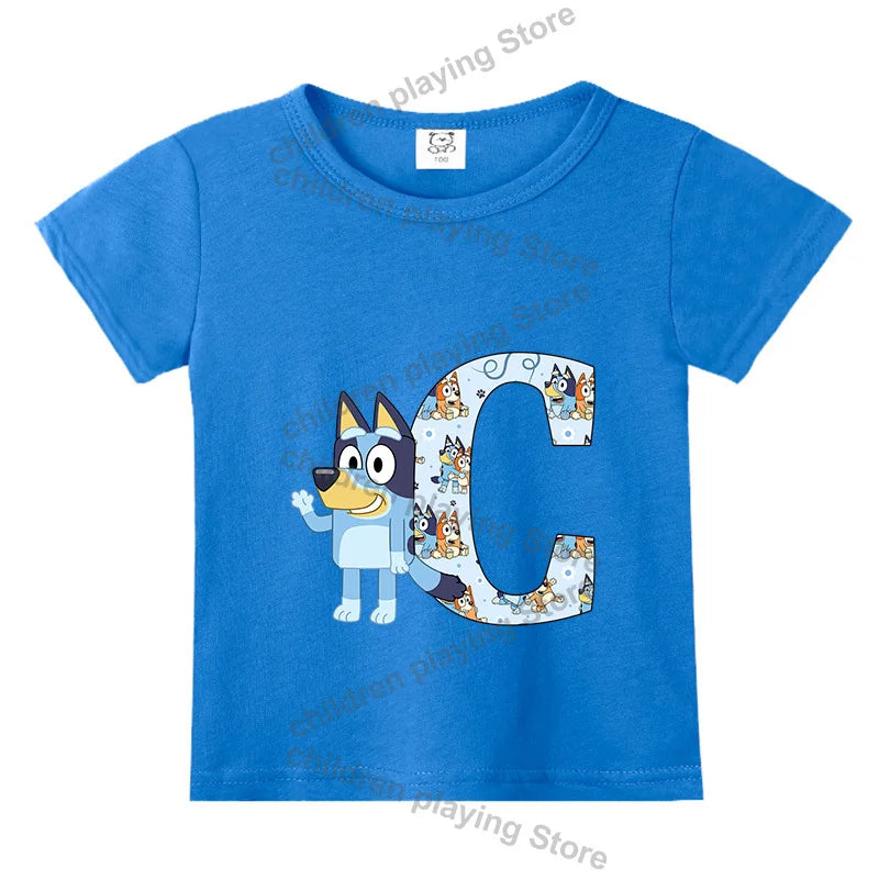 Blueyi Theme T-Shirt Blue Letter A-Z Printed Summer Kids Short Sleeve Top O-neck Cartoon Bingo Casual Tees Funny Gifts