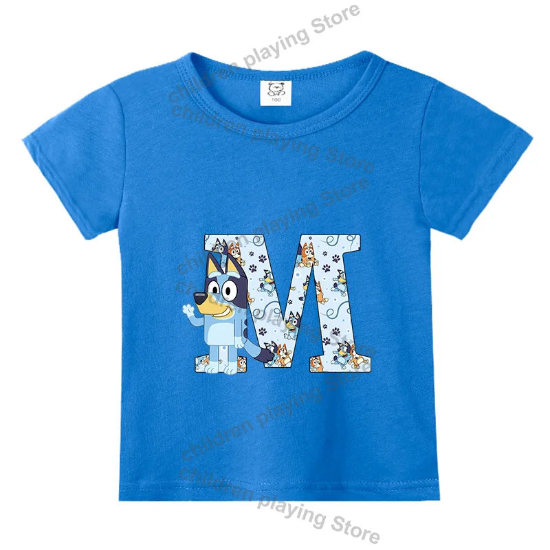 Blueyi Theme T-Shirt Blue Letter A-Z Printed Summer Kids Short Sleeve Top O-neck Cartoon Bingo Casual Tees Funny Gifts