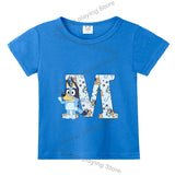 Blueyi Theme T-Shirt Blue Letter A-Z Printed Summer Kids Short Sleeve Top O-neck Cartoon Bingo Casual Tees Funny Gifts