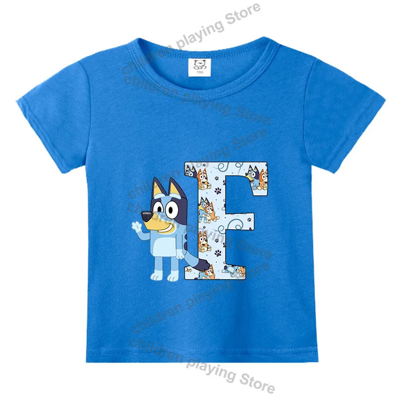 Blueyi Theme T-Shirt Blue Letter A-Z Printed Summer Kids Short Sleeve Top O-neck Cartoon Bingo Casual Tees Funny Gifts